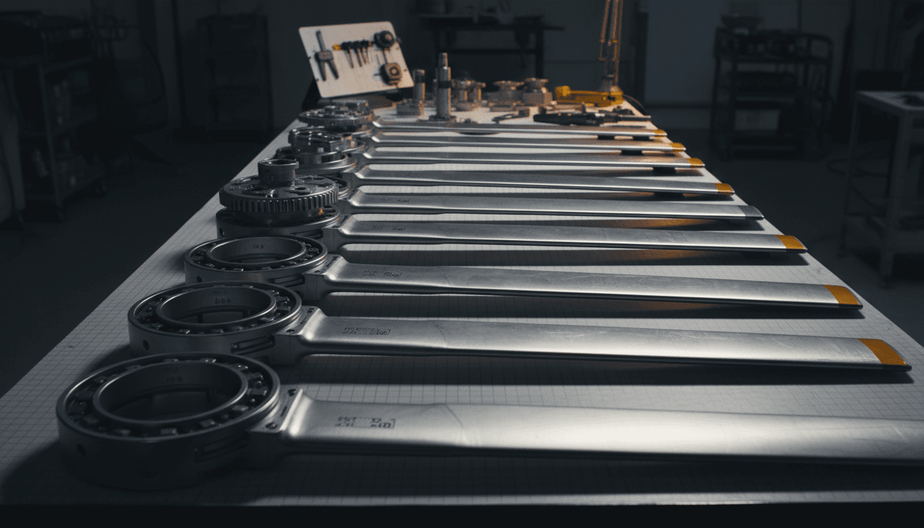 Precision helicopter rotor components organized on a technical workbench