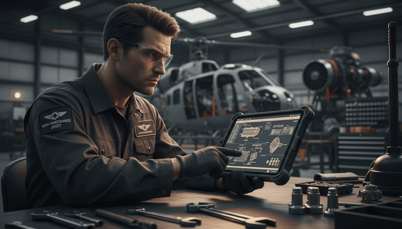 Maintenance professional reviewing helicopter parts documentation