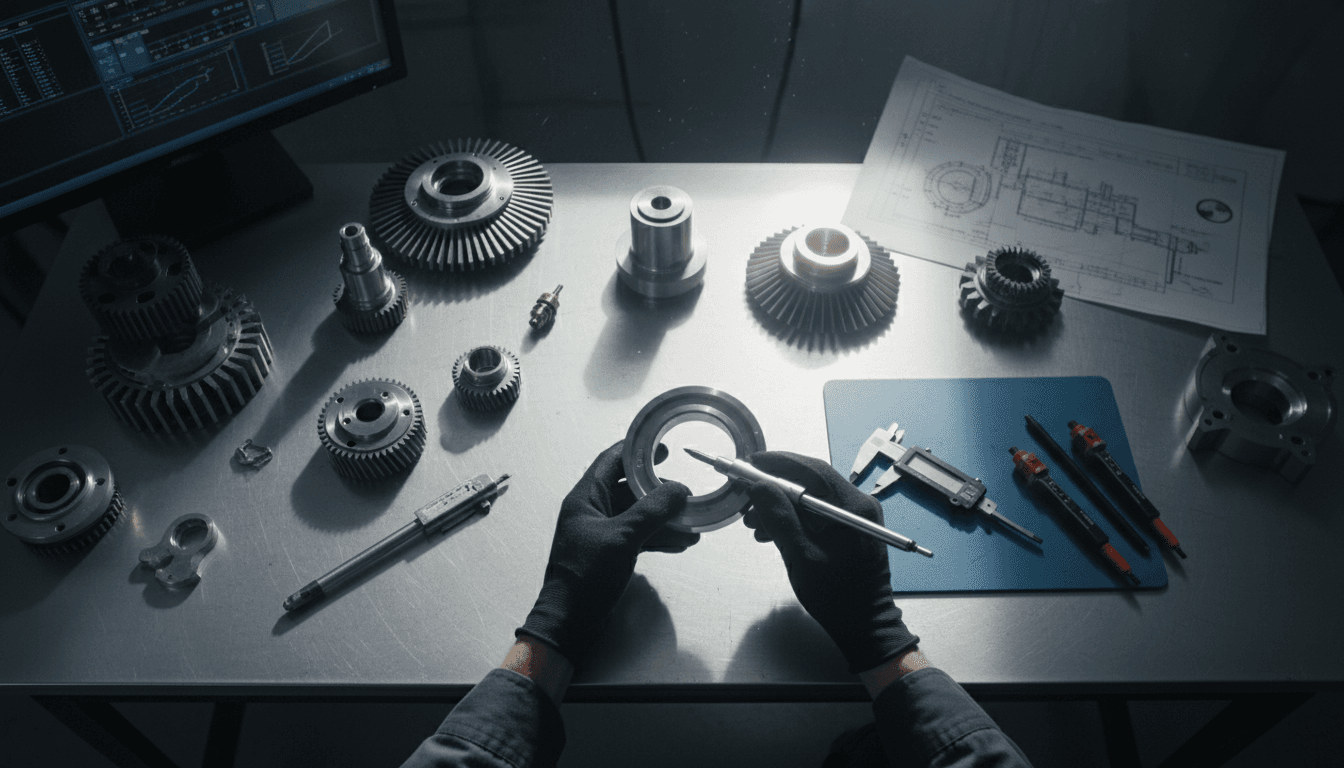 Technician examining certified helicopter part in professional workspace