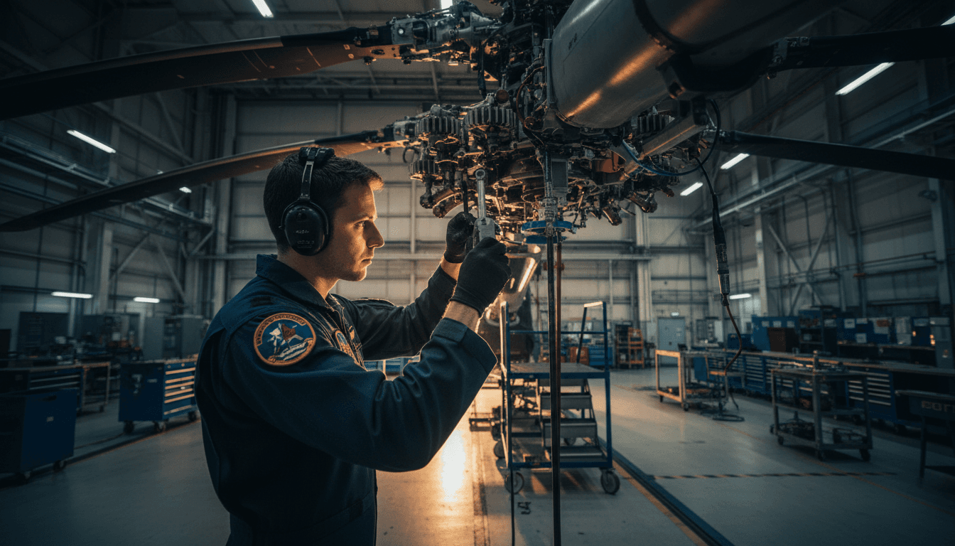 Helicopter maintenance technician inspecting rotor assembly in professional hangar setting